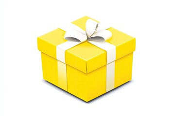 Wall Mural - Bright yellow gift box with a white ribbon, symbolizing celebration and joy, isolated on white