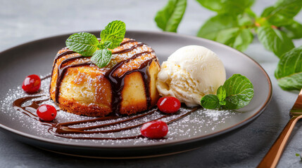 Aufkleber - Decadent molten lava cake served with vanilla ice cream, garnished with mint leaves and cherries, creating delightful dessert experience