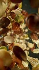 Poster - Super Slow Motion of Flying Nuts Mix in Rotating Movement. Filmed on High Speed Cinema Camera, 1000fps. Vertical Aspect Ratio.