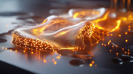 Poster - cinematic rendering of 3D model showcasing complex network of glowing lines and nodes, creating abstract and futuristic visual effect