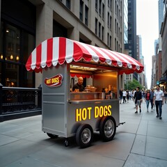 Hot dog cart in city street. Man works in cart. People walk on sidewalk. City architecture. Busy urban scene. Fast food vendor in downtown area. Typical urban landscape. Food cart in metropolitan