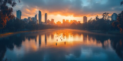 Sticker - City sunrise, lake reflection, boats, park