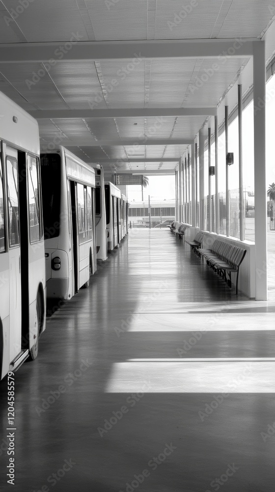 Buses lined up at a busy station with empty benches and sunlight ...