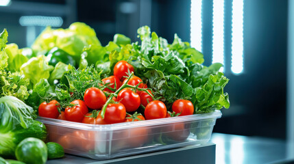 Poster - Fresh vegetables in clear container, including tomatoes and leafy greens, showcase vibrant colors and healthy produce in modern kitchen setting