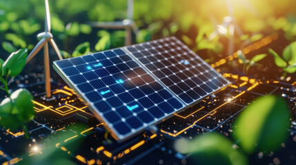 Poster - cinematic view of 3D model of renewable energy system featuring solar panels and wind turbines surrounded by green plants, symbolizing sustainability and innovation