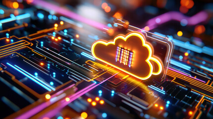 Fototapete - vibrant cloud symbol on circuit board, representing data flow and technology. image captures essence of digital connectivity and innovation in modern landscape