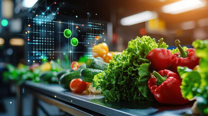 Leinwandbilder - vibrant display of fresh vegetables with digital interface overlay, showcasing blend of technology and agriculture. This captures essence of modern food monitoring and sustainability