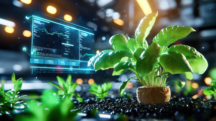 Poster - digital interface monitoring plant growth with vibrant greenery. scene showcases advanced technology in agriculture, highlighting connection between nature and innovation