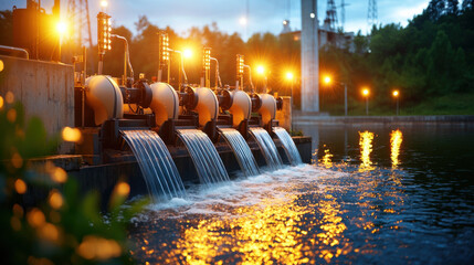 Poster - cinematic view of hydroelectric dam with water flowing, illuminated by warm lights, showcasing power of renewable energy and nature beauty