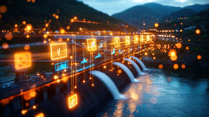 Fototapete - cinematic view of hydroelectric dam with flowing water and digital icons representing technology and energy management. scene captures innovation and sustainability