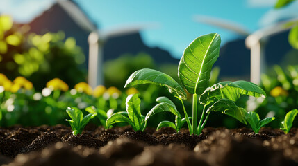 Poster - vibrant view of sustainable farming system showcasing young green plants growing in rich soil, surrounded by lush landscape and wind turbines in background