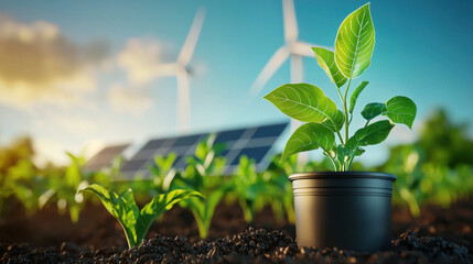 Poster - vibrant green plant in pot symbolizes sustainable farming, with wind turbines and solar panels in background, showcasing renewable energy and eco friendly practices