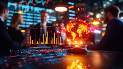 Poster - cinematic view of business professionals discussing global trade trends with digital globe and data visualization. atmosphere is dynamic and engaging