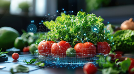 Leinwandbilder - Fresh vegetables with digital technology overlay, showcasing innovation in agriculture and food packaging. vibrant colors and modern design evoke sense of freshness and sustainability
