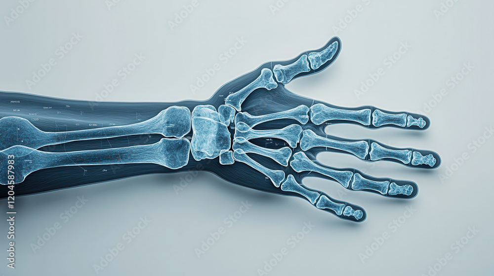 clinical X ray scan of human hand and wrist, showcasing detailed bone ...