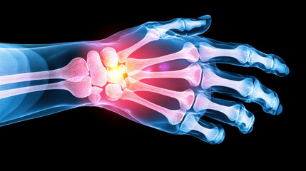Poster - clinical X ray scan of human hand and wrist, highlighting bone structure and potential injury. image shows detailed anatomy with emphasis on wrist area