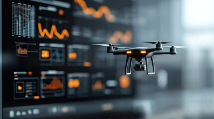 Leinwandbilder - drone flying in front of digital display with data analytics and graphs, showcasing technology and innovation in aerial delivery systems