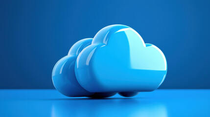 Poster - glossy blue cloud illustration on vibrant blue background, symbolizing digital technology and connectivity. This modern design evokes sense of innovation and creativity