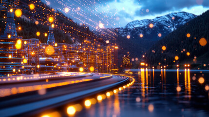 Fototapete - futuristic digital overlay illuminates hydroelectric plant by serene lake, surrounded by mountains. scene is vibrant with glowing lights and reflections, creating captivating atmosphere