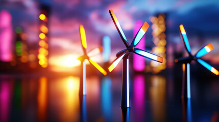 Leinwandbilder - Futuristic wind turbines illuminated by colorful lights at sunset, showcasing renewable energy technology in vibrant urban landscape