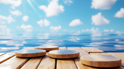 Aufkleber - Futuristic floating solar farm on water with wooden platforms and blue sky. serene environment showcases renewable energy innovation and sustainability