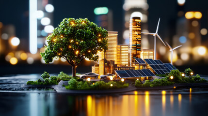 Leinwandbilder - vibrant eco city model featuring solar panels, wind turbines, and greenery, showcasing sustainable urban living. scene is illuminated, highlighting innovation and environmental harmony