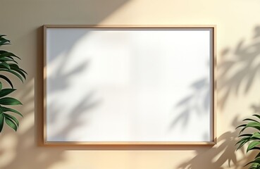 Aufkleber - Blank white canvas mockup framed in light wood hangs on beige wall. Plant shadows cast soft patterns on wall behind. Modern minimalist design. Versatile template for photos artwork. Ideal for