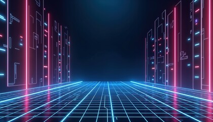 Poster - Empty futuristic space with neon light, grid pattern. Abstract scene with glowing lines, geometric shapes. Dark night. Virtual reality. Cyberpunk style. Perfect for tech product mockups. Empty space