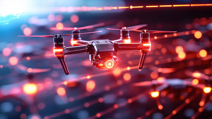 Poster - Advanced drone technology in swarm formation with glowing lights