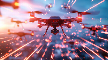 Aufkleber - Advanced drone swarm in action, showcasing high tech design and dynamic movement. scene captures excitement of aerial technology with vibrant lights and motion