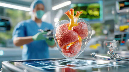 Poster - high resolution 3D representation of human organ, showcasing detailed heart model in medical environment. scene conveys advanced technology and healthcare innovation