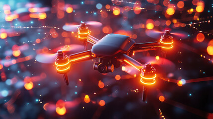 Aufkleber - high resolution 3D render of advanced drone with glowing lights, showcasing its technology in vibrant digital environment. scene evokes sense of innovation and futuristic design