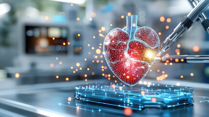 Poster - high resolution 3D representation of human heart, showcasing intricate details and glowing elements, symbolizing advanced medical technology and innovation