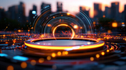 Aufkleber - high resolution 3D visualization of futuristic circular interface with glowing elements, set against city skyline at sunset, evokes sense of advanced technology and innovation