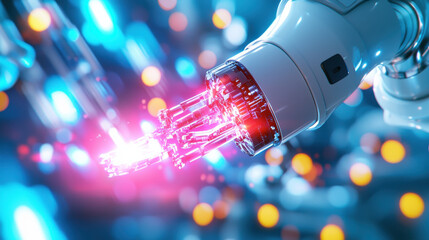 Poster - high resolution 3D visualization of advanced robotic hand, showcasing intricate details and vibrant colors. futuristic design highlights technology and innovation in robotics