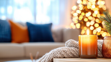 Poster - Cozy living room with warm candlelight, soft blanket, and festive decor. inviting atmosphere is enhanced by beautifully lit Christmas tree in background