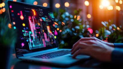 Fototapete - person using laptop with colorful data visualizations on screen, surrounded by plants and warm lights, creating modern and tech savvy atmosphere