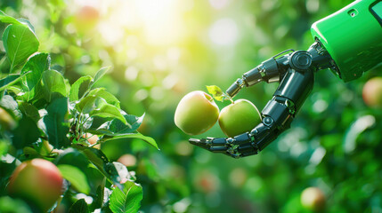 Poster - robotic arm gently picking apples in lush orchard, showcasing advanced technology in agriculture. scene is vibrant and filled with greenery, highlighting innovation in farming