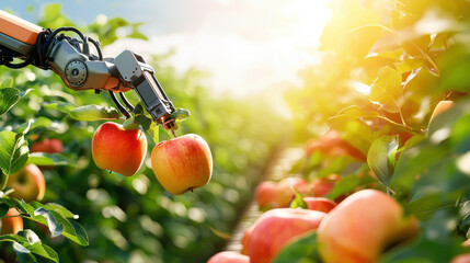 Poster - robotic arm gently picking ripe apples in sunlit orchard, showcasing advanced technology in agriculture. scene captures harmony between nature and innovation