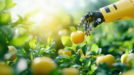Poster - robotic arm gently picking apple from tree in lush orchard, showcasing advanced technology in agriculture. scene is bright and vibrant, highlighting innovation and nature
