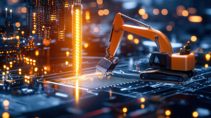 Leinwandbilder - high resolution image of robotic excavator working circuit board, showcasing advanced technology and innovation engineering. scene is illuminated with vibrant lights, creating futuristic