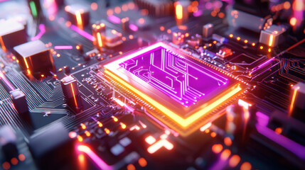 Leinwandbilder - Futuristic circuit board with glowing microchip and neon lights, showcasing advanced technology and intricate design. vibrant colors create dynamic atmosphere