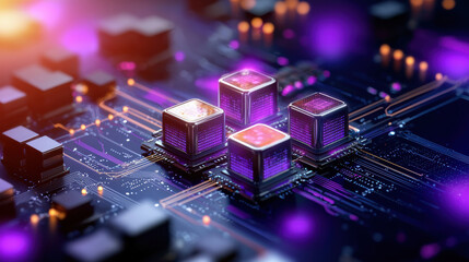 Poster - High resolution depiction of futuristic circuit board with glowing processors, showcasing advanced technology and digital innovation. vibrant colors create dynamic atmosphere