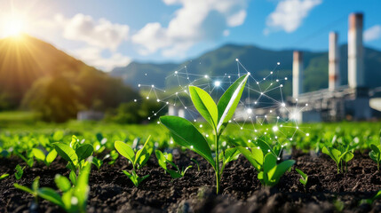 Poster - vibrant green plant emerges from rich soil, symbolizing growth and sustainability, with geothermal power station in background, showcasing renewable energy