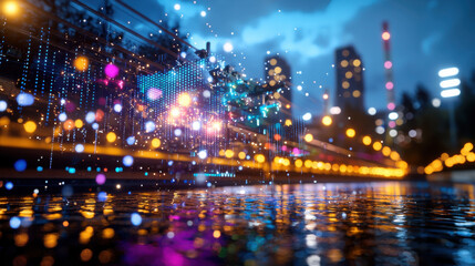 Leinwandbilder - vibrant cityscape at night with colorful lights reflecting on wet surfaces, creating dynamic atmosphere. scene captures essence of urban life and energy