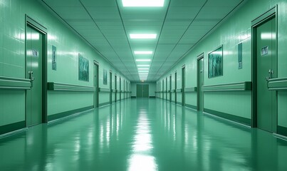 Wall Mural - Empty hospital corridor, green walls, doors, medical