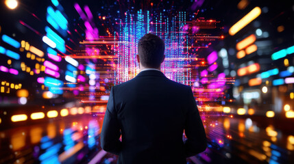 Leinwandbilder - man in suit stands in front of vibrant digital landscape filled with colorful data streams and lights, symbolizing technology and innovation