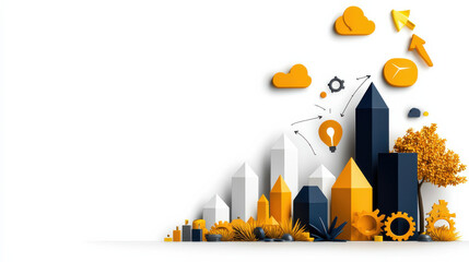 Aufkleber - High resolution illustration of cloud technology with buildings, gears, and icons. This vibrant design represents innovation, growth, and digital transformation