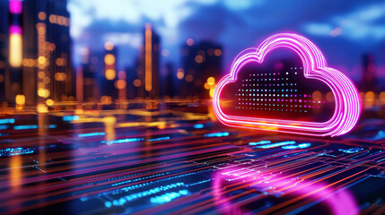 Fototapete - vibrant illustration of cloud technology with neon colors, showcasing digital cloud symbol over circuit board background, representing innovation and connectivity