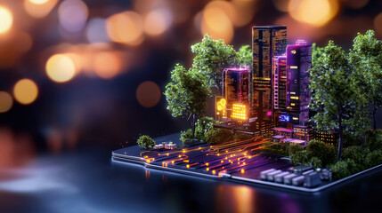 Aufkleber - futuristic cityscape illustration featuring glowing buildings, trees, and digital elements, showcasing advanced technology and urban life